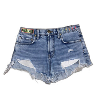 Aviator Nation Mid Rise Denim Cut Off Shorts Live Free Size 26 M Lightening Bolt